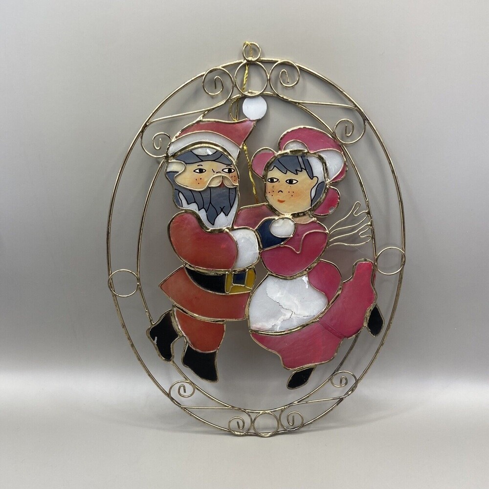 Vintage Capiz Shell Christmas Suncatcher Santa Mrs. Claus Holiday Decor 8.5 inch